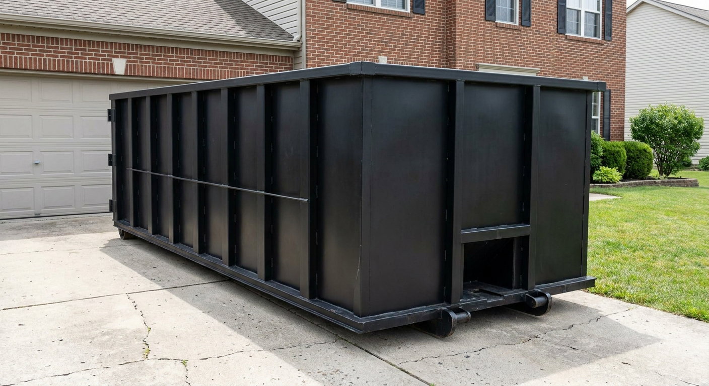 Matte-black 20-yard roll-off container on a Bowling Green residential concrete driveway with reinforced ribbed steel sidewalls and a hinged rear walk-in door, clean bright daylight.