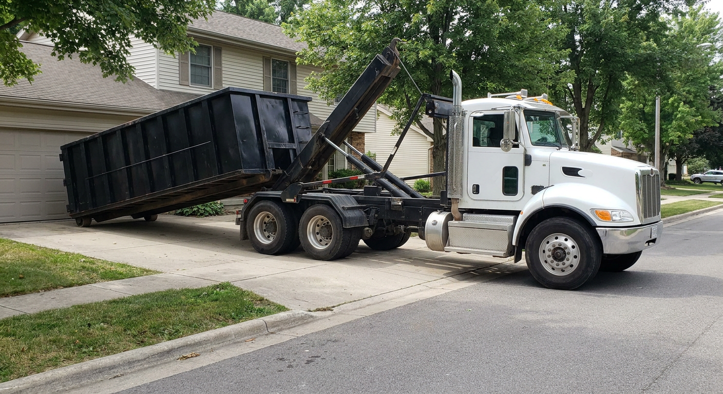 White-cab hooklift roll-off truck actively lowering a matte-black dumpster onto a Bowling Green residential concrete driveway, the dumpster's rear wheels touching the driveway as the hoist arm tilts the bed forward, mid-morning daylight.